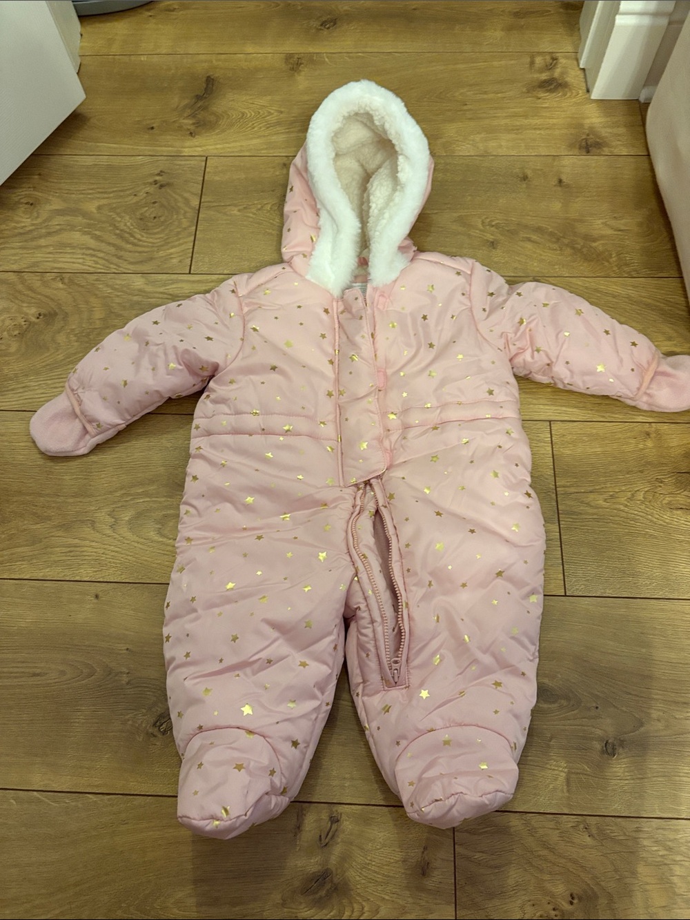 Baby Pink Hooded Snow Suit with Gold Stars